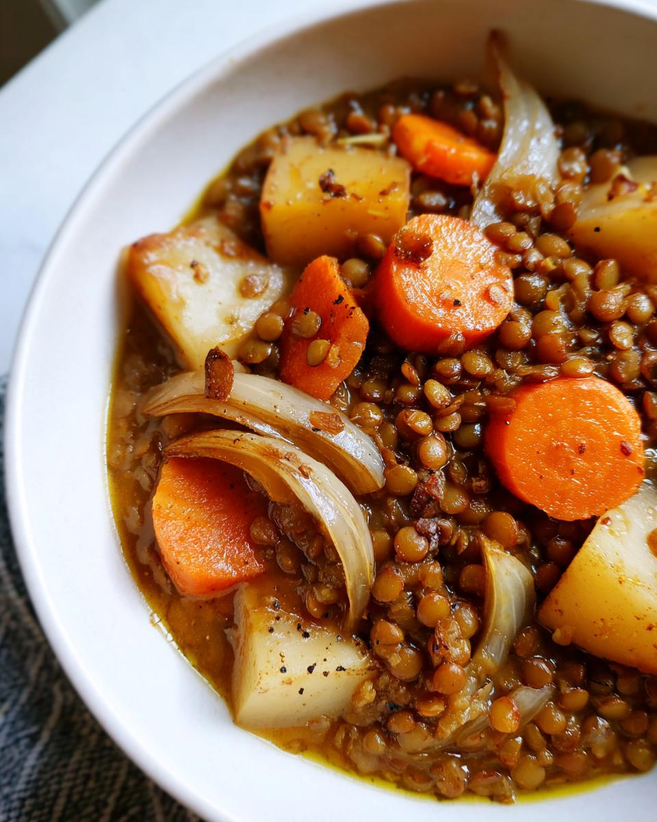 Plato de guiso de lentejas con zanahorias, cebolla y papa, ideal para recetas de Cuaresma sin carne