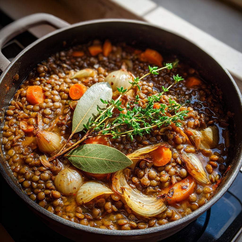 Olla con guiso de lentejas, zanahorias, cebolla y hierbas frescas, recetas de lentejas fáciles