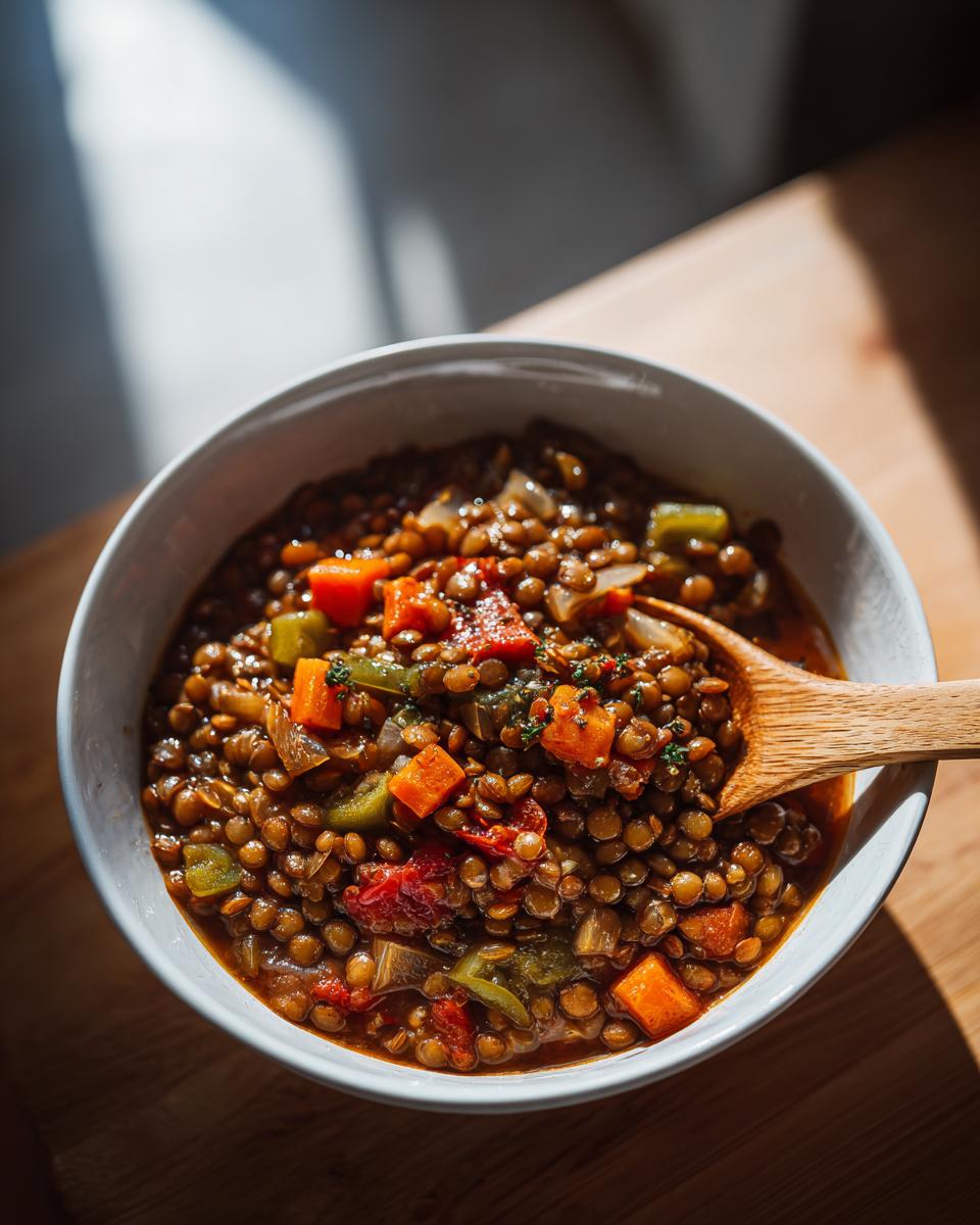 Tazón de guiso de lentejas con verduras en salsa, con cuchara de madera