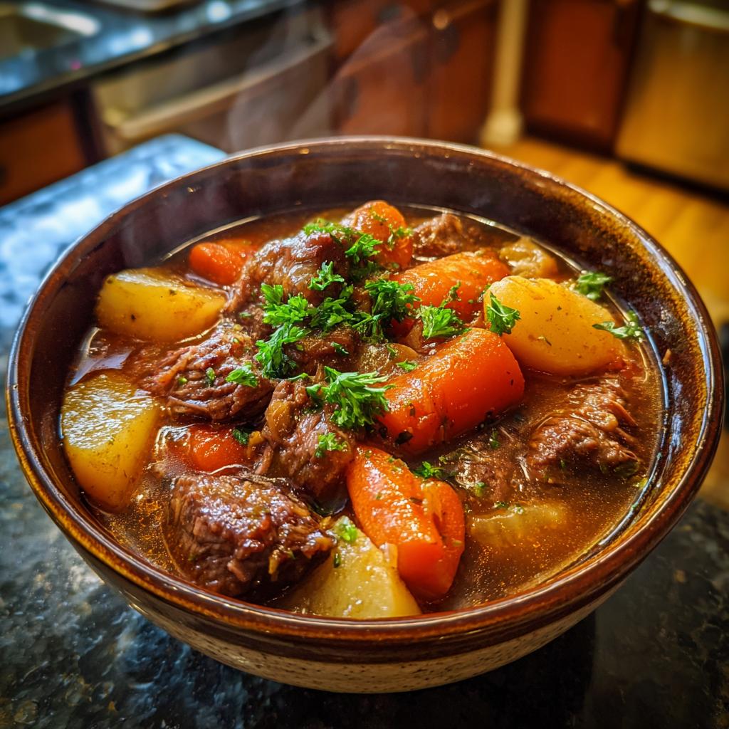Tazón humeante de guisos caseros como los de la abuela con carne, zanahorias y papas