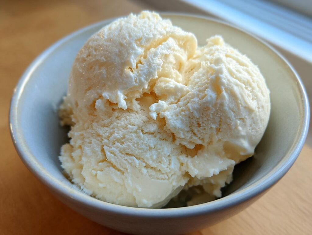 Dos bolas de helado casero de vainilla en un bol blanco sobre mesa de madera
