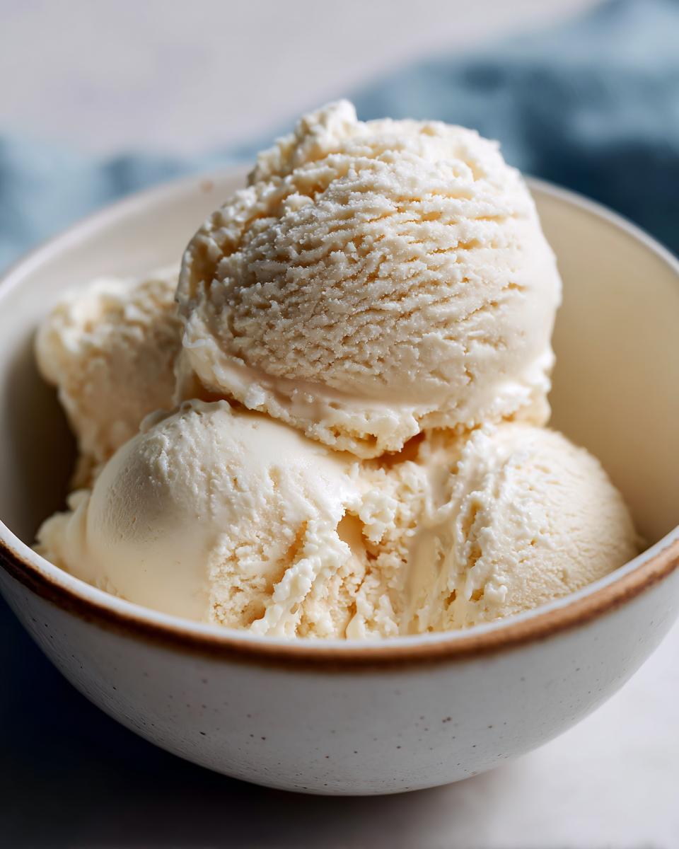 Tres bolas de helado casero de vainilla en un bol blanco sobre fondo claro.