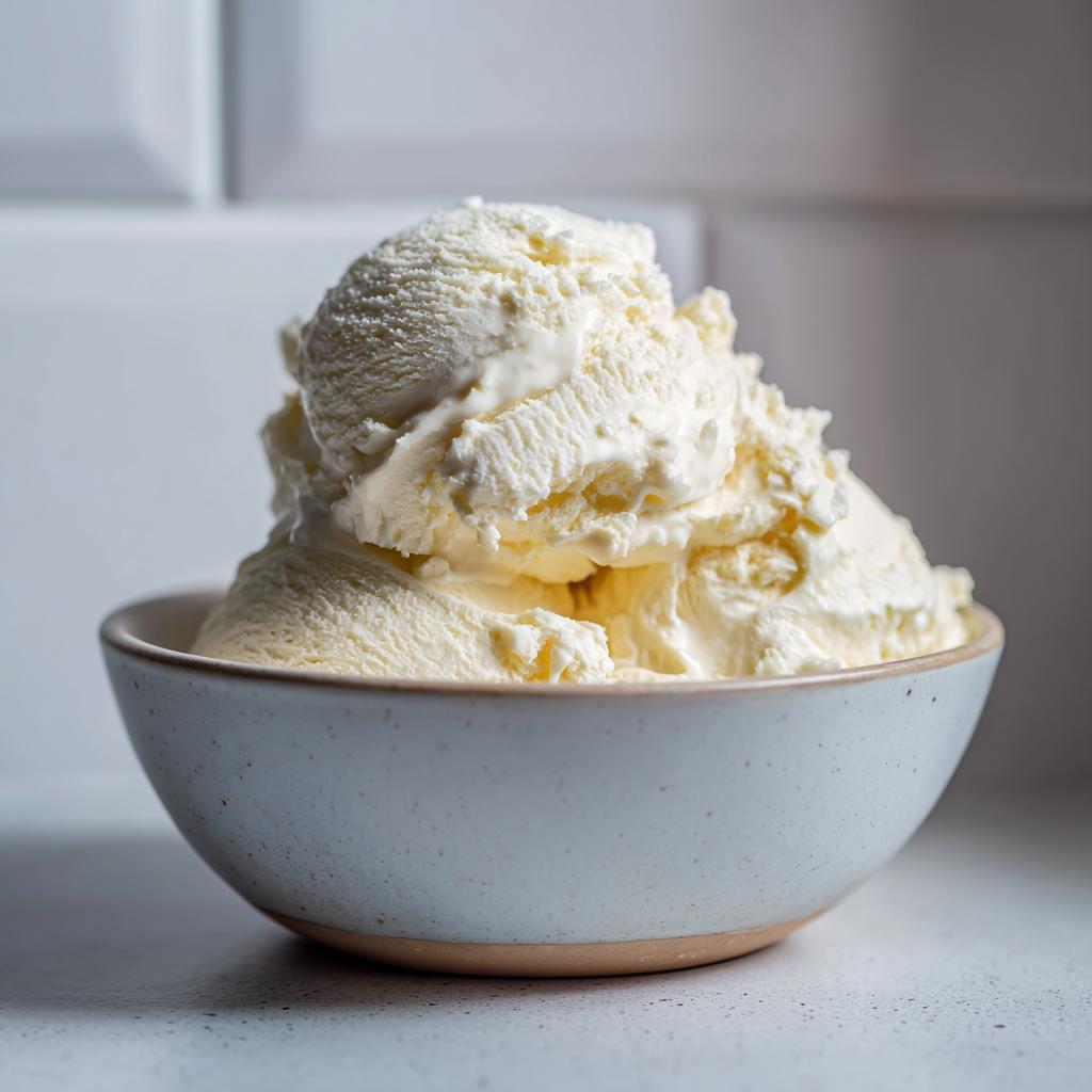Tazón con varias bolas de helado casero de vainilla cremoso y suave.