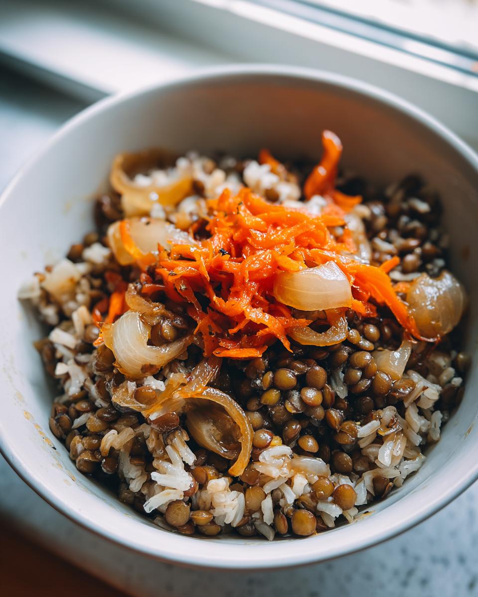 Bowl con lentejas, arroz, cebolla caramelizada y zanahoria rallada, receta vegana para principiantes