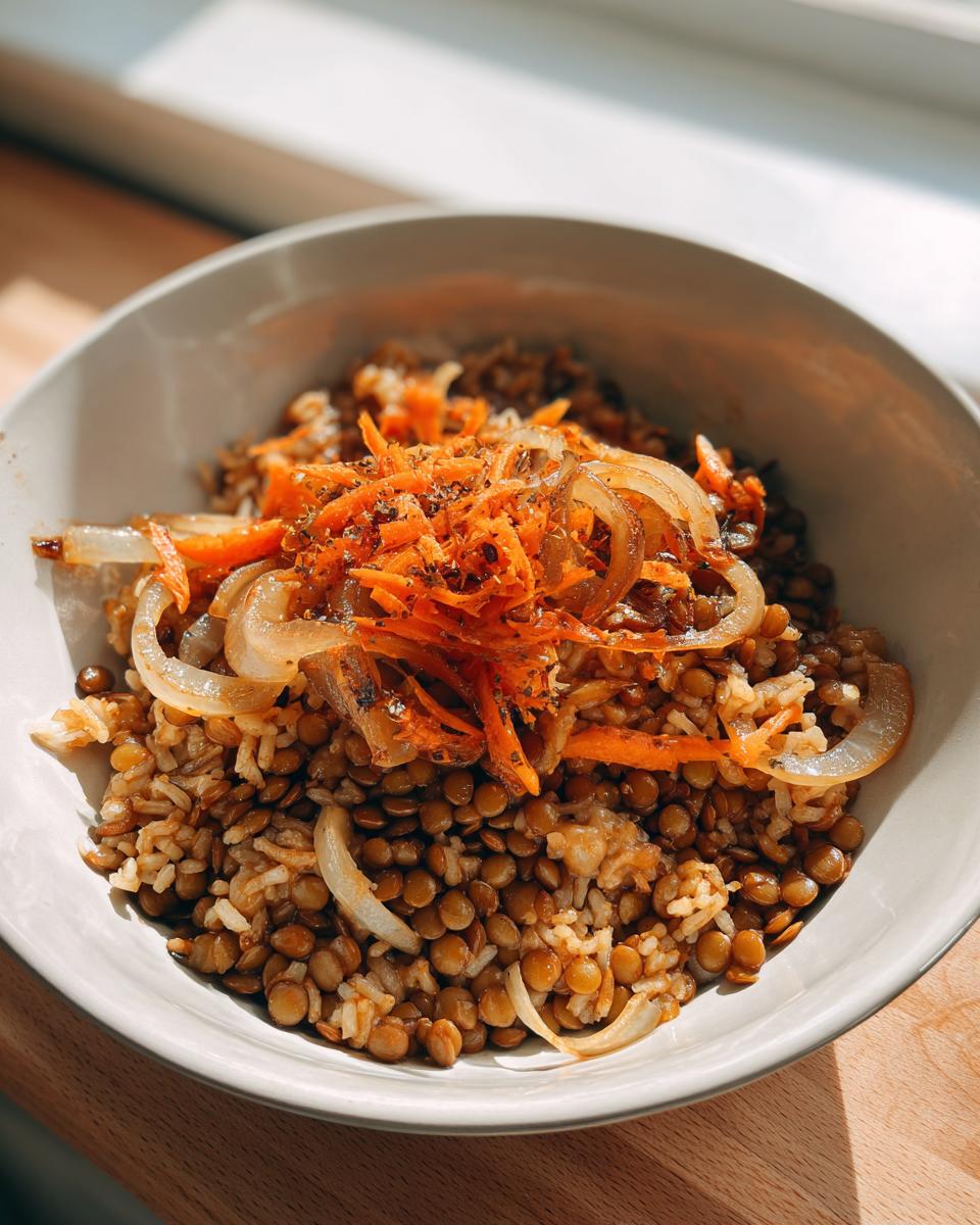 Bowl con lentejas, arroz y verduras salteadas, ideal para recetas veganas para principiantes