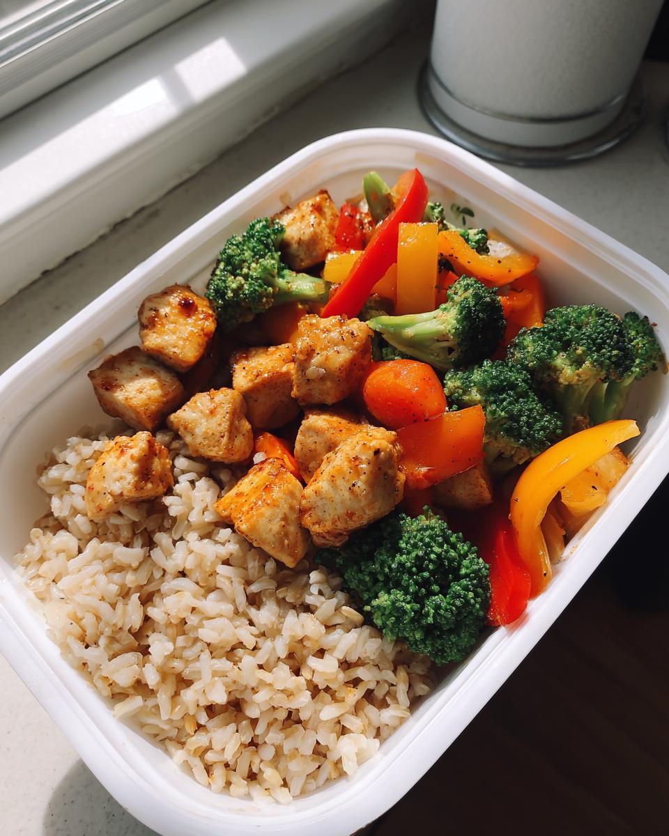 Recipiente con arroz integral, pollo a la plancha y vegetales mixtos frescos para recetas de meal prep para la semana