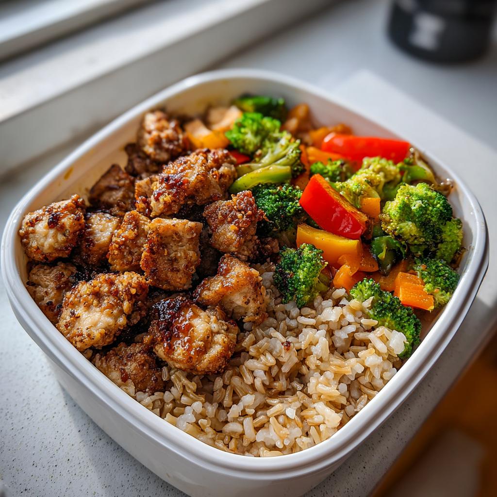 Recipiente con meal prep que incluye arroz integral, pollo crujiente y vegetales salteados coloridos.