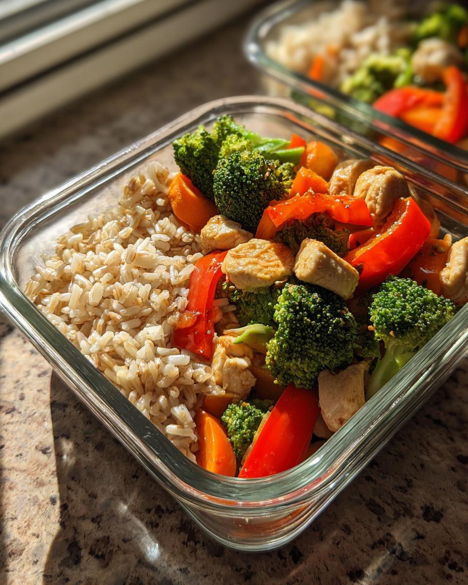 Recipiente con meal prep saludable para toda la semana con arroz integral, pollo y verduras salteadas.