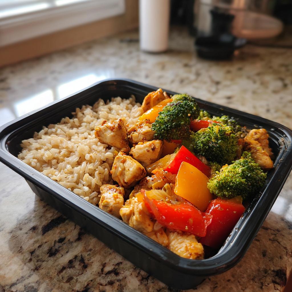Recipiente con meal prep saludable para toda la semana con arroz integral, pollo y verduras al vapor