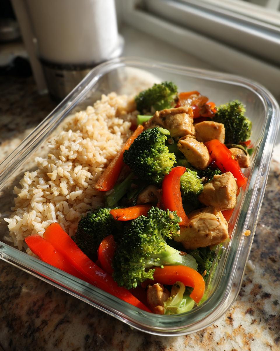 Recipiente con meal prep saludable que incluye arroz integral, brócoli, pimientos y pollo