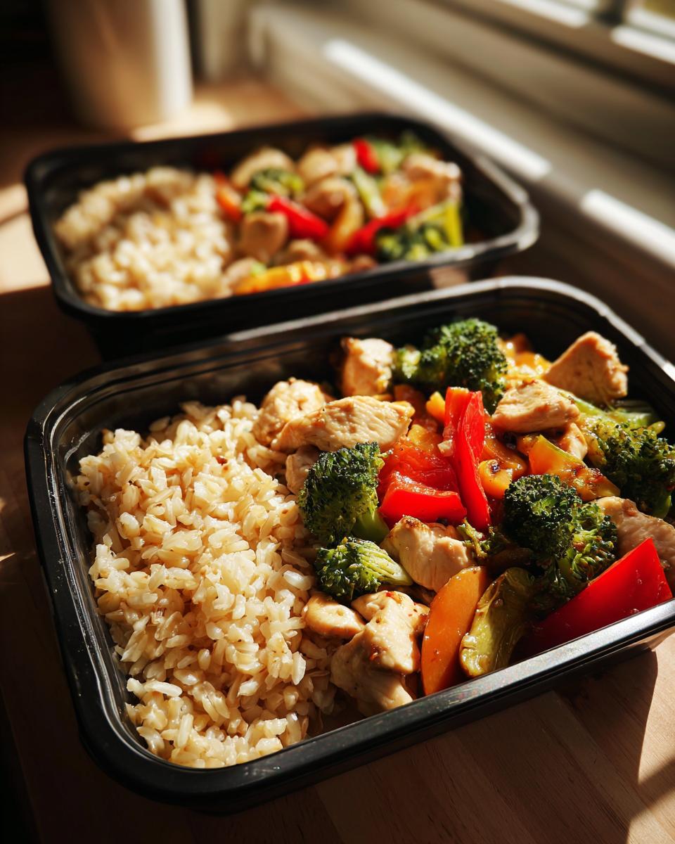 Contenedores con meal prep saludable para toda la semana con pollo, brócoli, pimientos y arroz integral.