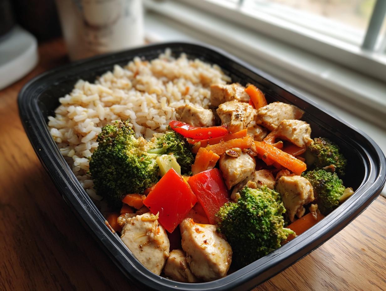 Recipiente con meal prep saludable para toda la semana con pollo, brócoli, pimientos y arroz integral.