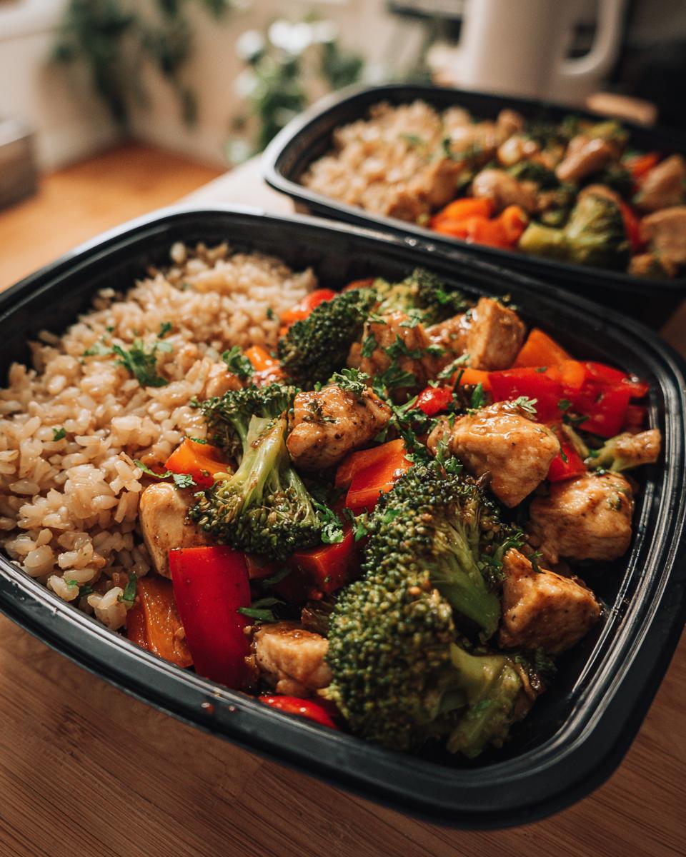 Contenedores con meal prep saludable para toda la semana con arroz, pollo y verduras al vapor