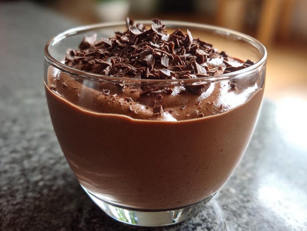 Vaso con mousse de chocolate decorado con virutas de chocolate, recetas de postres sin horno
