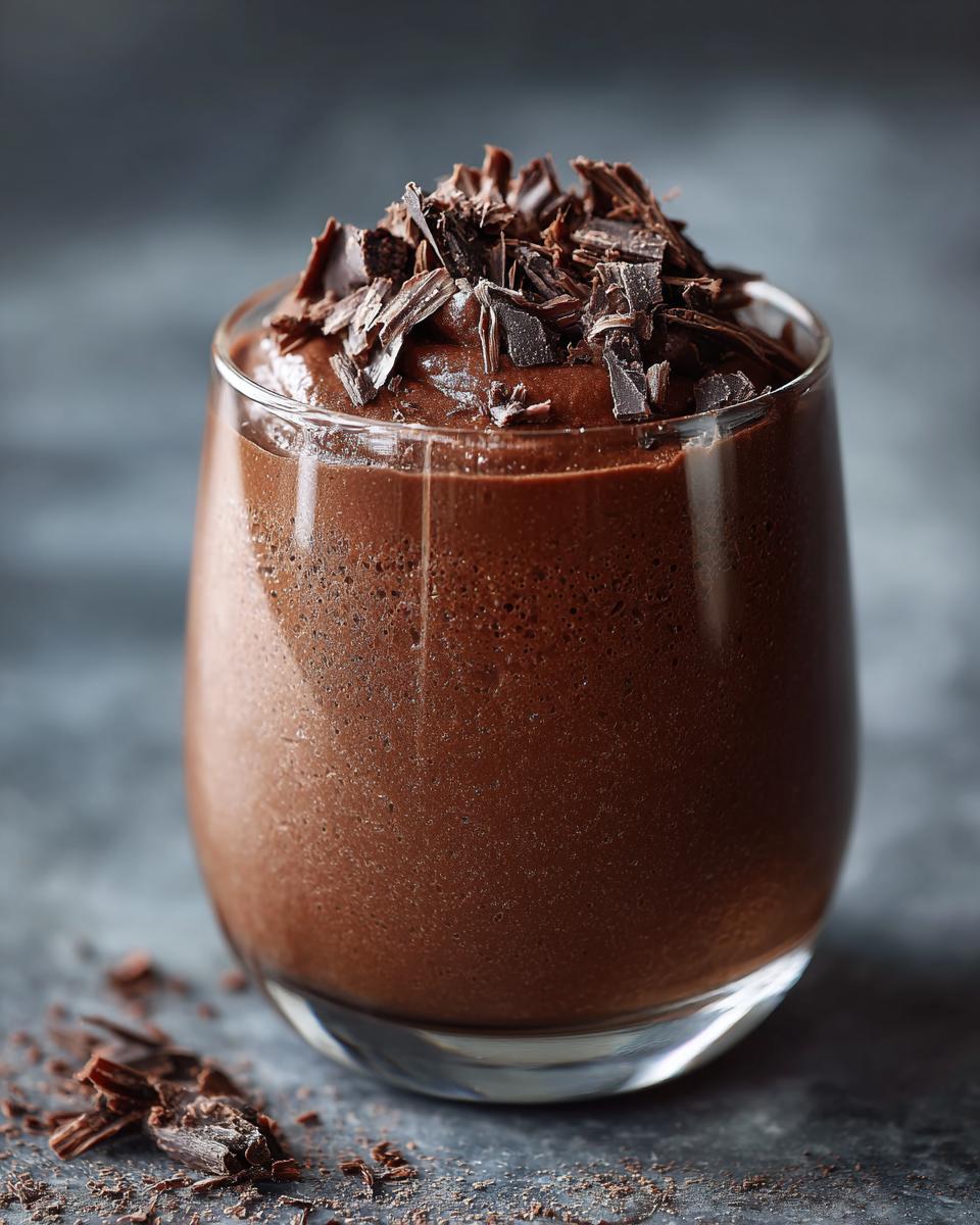 Vaso con mousse de chocolate decorado con virutas de chocolate, receta de postres sin horno