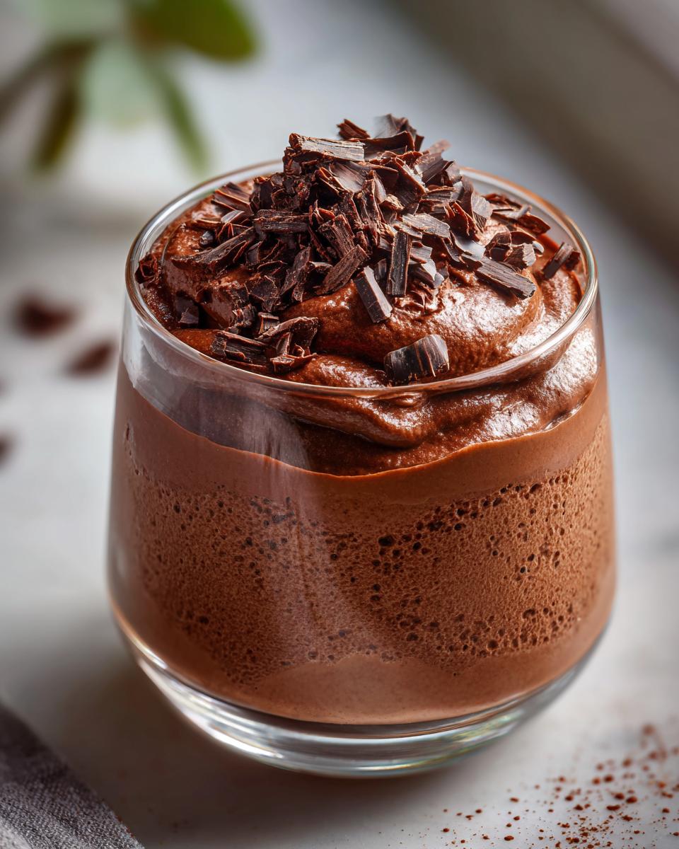 Vaso con mousse de chocolate espeso y trozos de chocolate rallado encima, receta de postres sin horno