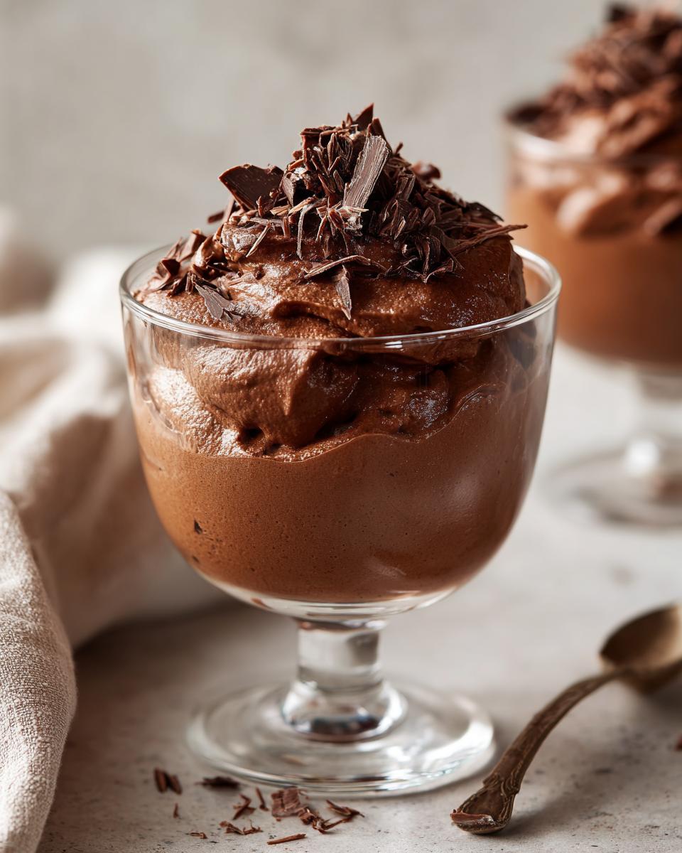 Copa con mousse de chocolate decorada con virutas de chocolate, ideal para recetas de postres sin horno