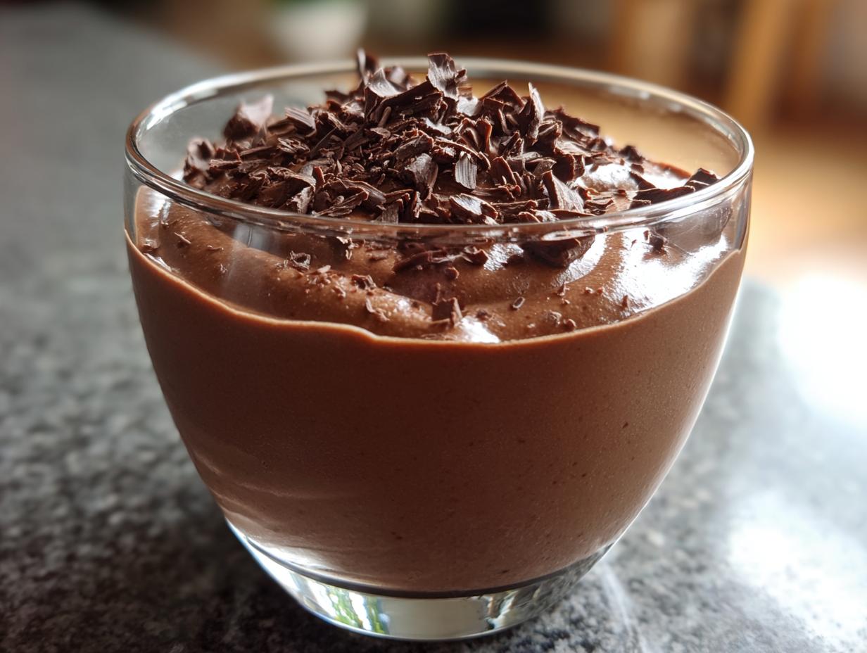Vaso con mousse de chocolate decorado con virutas de chocolate, recetas de postres sin horno