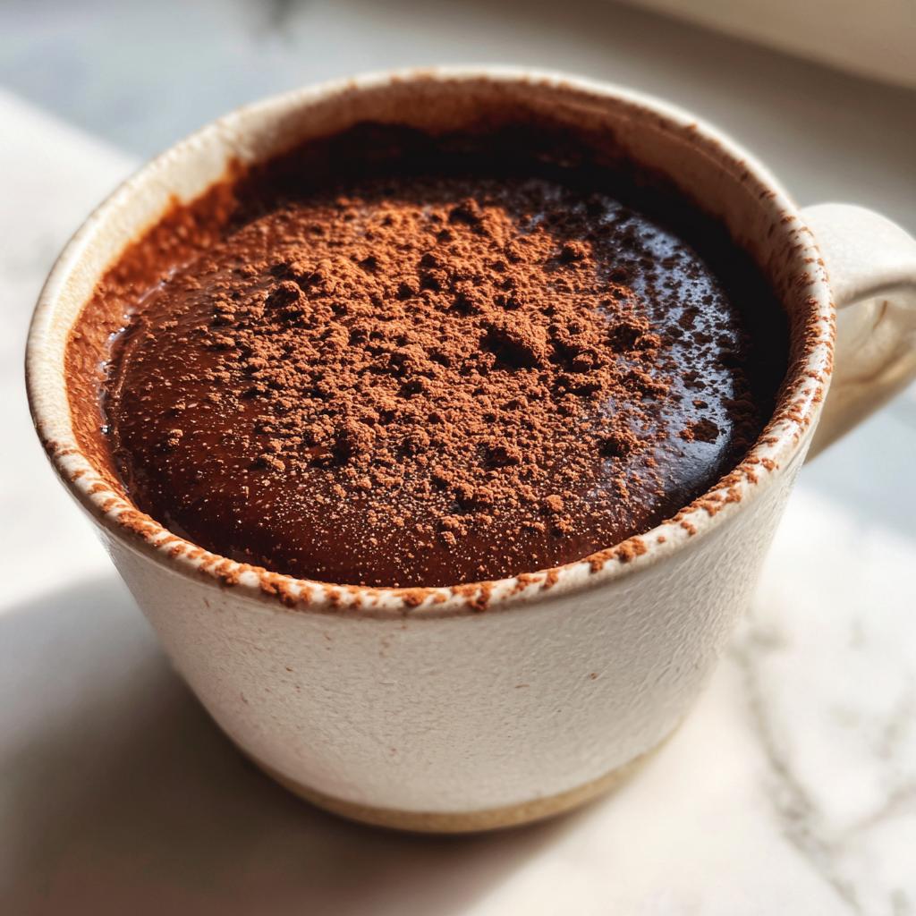 Taza con mug cake de chocolate espolvoreado con cacao en polvo, postres con chocolate rápidos