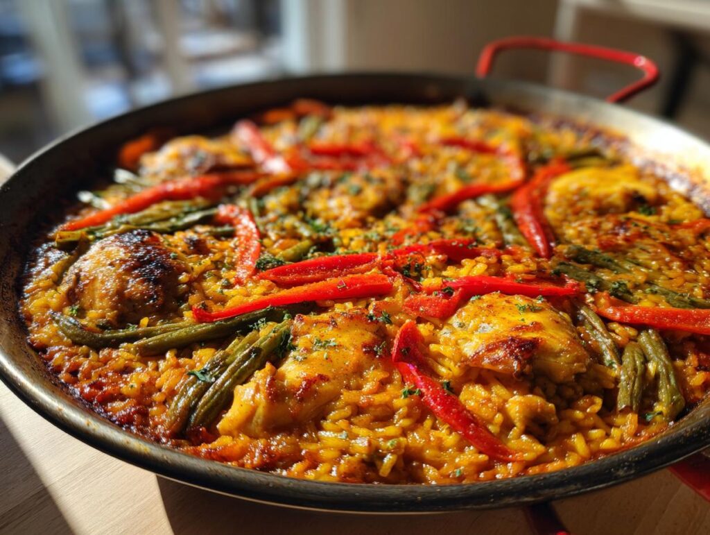 Paella valenciana receta casera con pollo, pimientos rojos y judías verdes en paellera