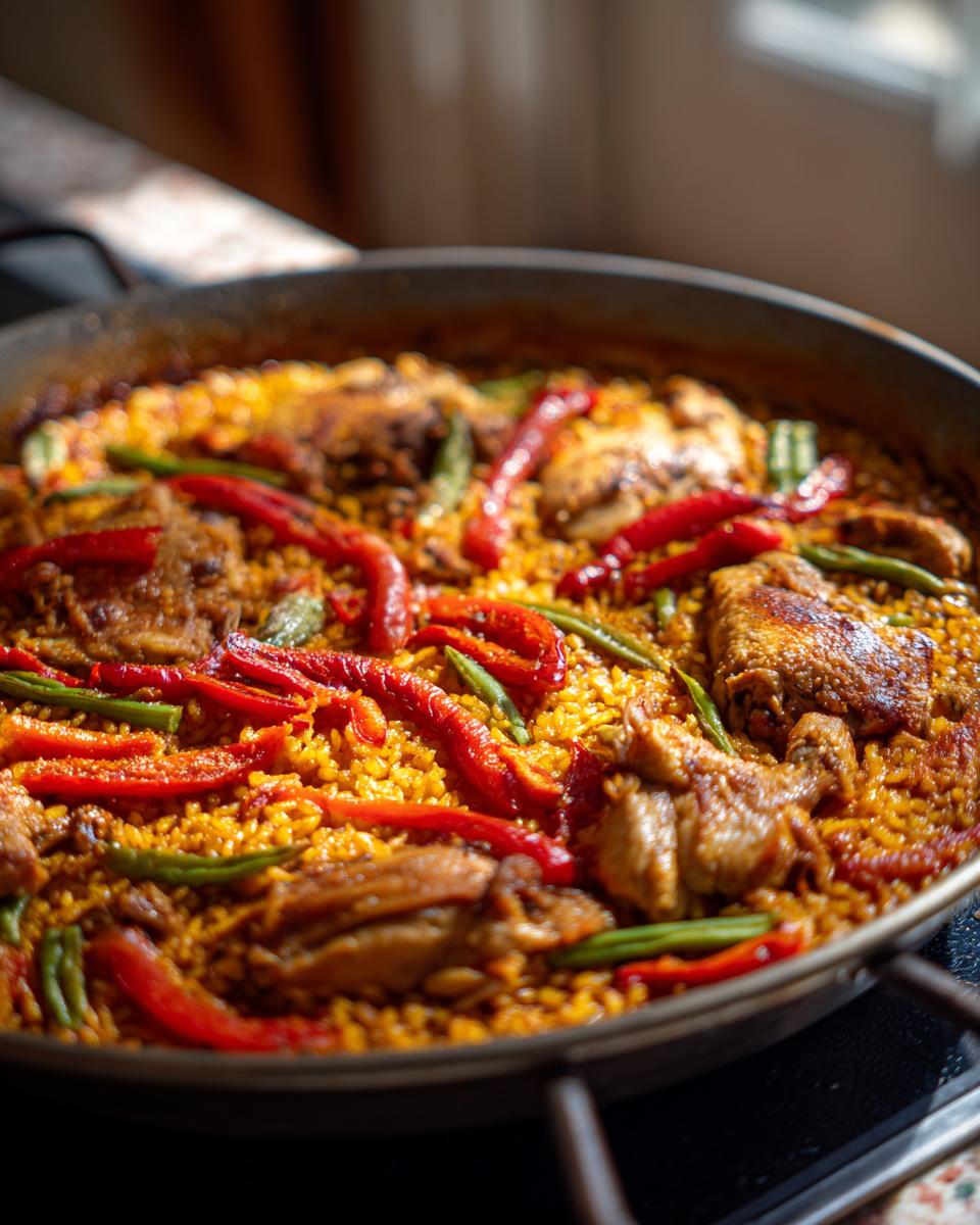 Paella valenciana receta casera con arroz, pollo, pimientos y judías verdes en sartén
