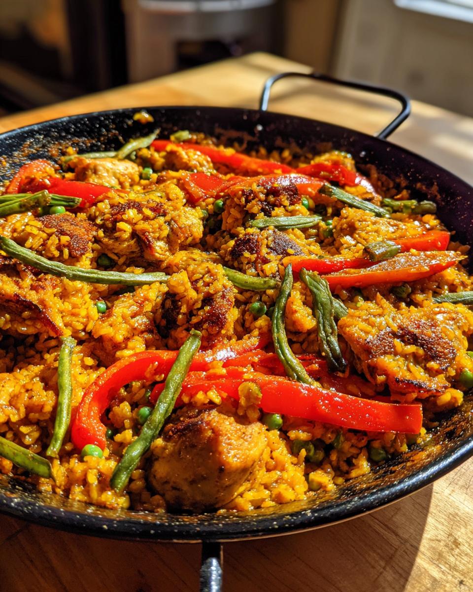 Paella valenciana receta casera con arroz, pollo, judías verdes y pimientos rojos en sartén.