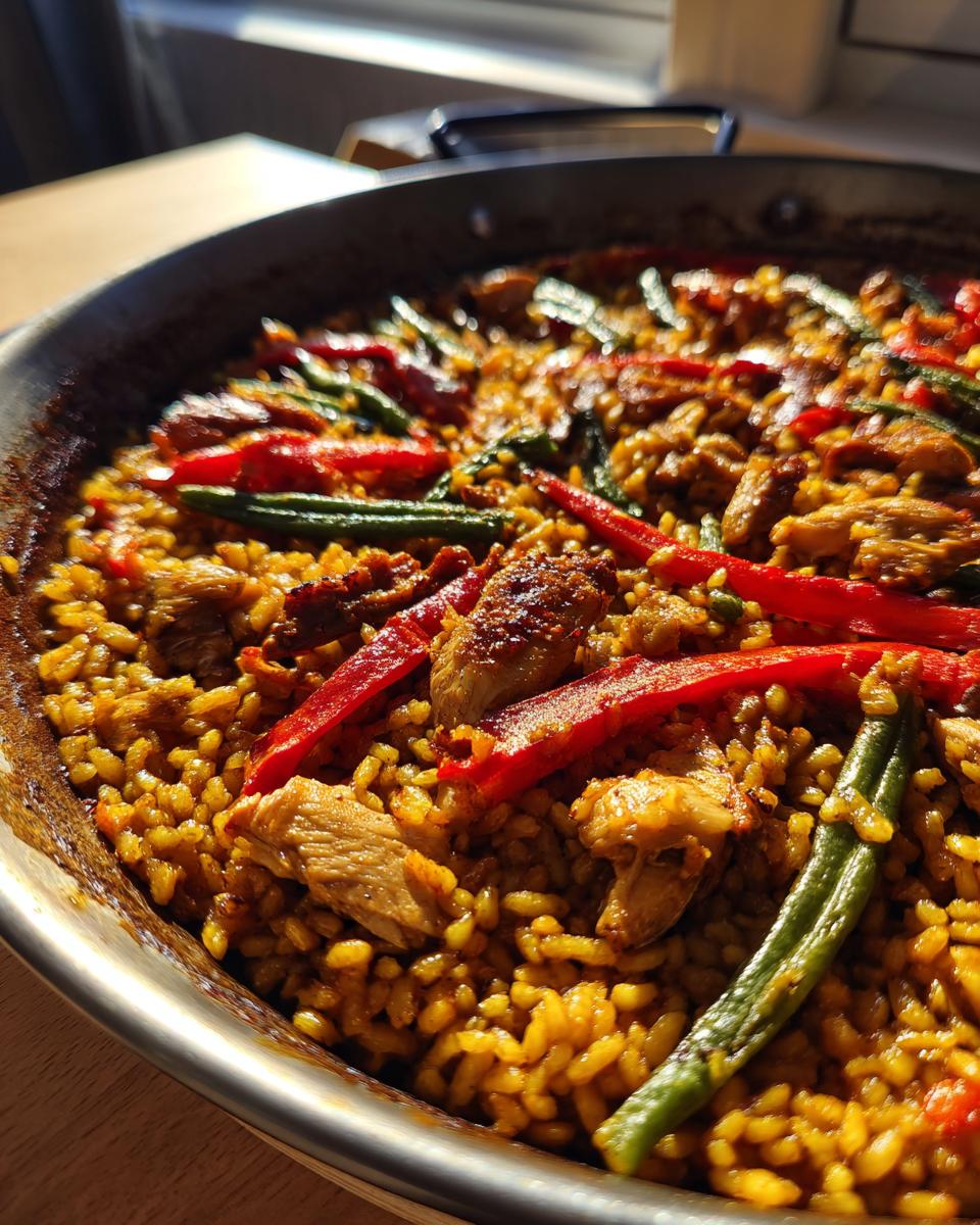 Paella valenciana receta casera con arroz, pollo, pimientos y judías verdes en sartén metálica.