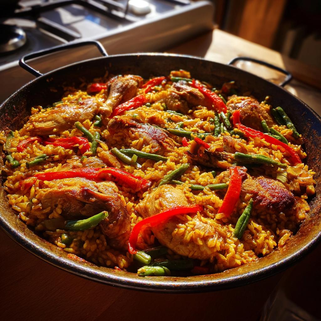 Paella valenciana receta casera con arroz, pollo, judías verdes y pimientos rojos en sartén.