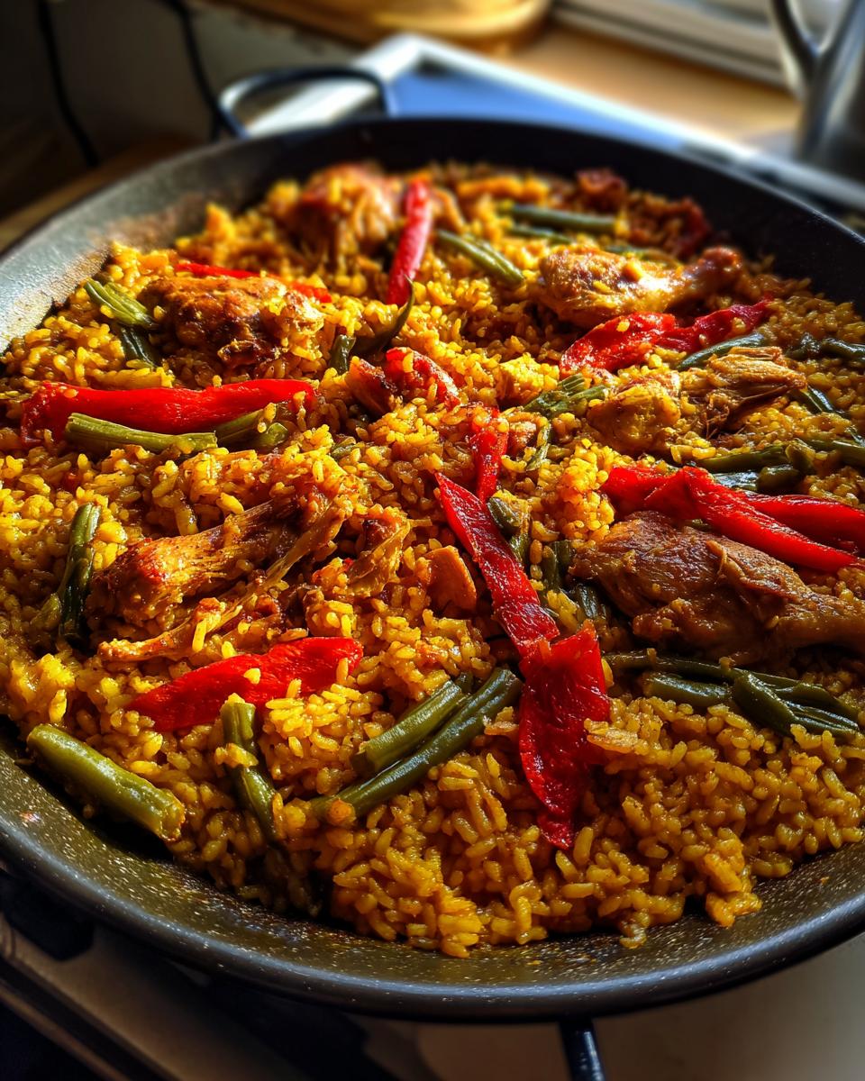 Paella valenciana receta casera con arroz, pollo, judías verdes y pimientos rojos en sartén
