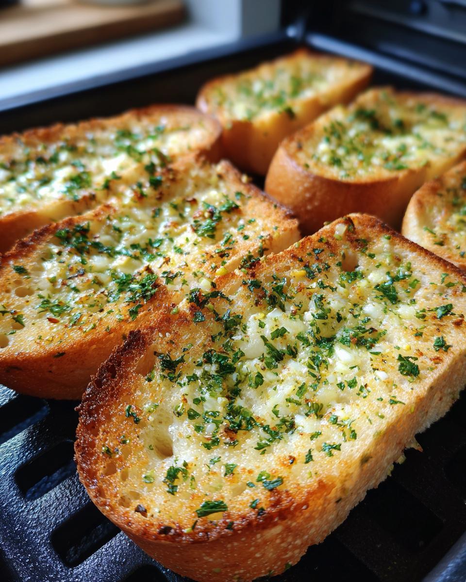 Rebanadas de pan de ajo crujiente con perejil y ajo en airfryer