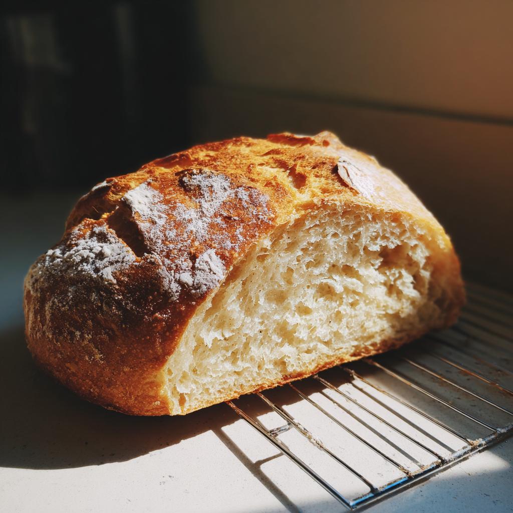 Pan casero fácil con corteza crujiente y miga esponjosa sobre rejilla metálica.