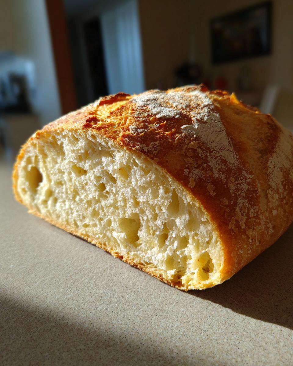 Rebanada de pan casero fácil con corteza crujiente y miga aireada en superficie clara.