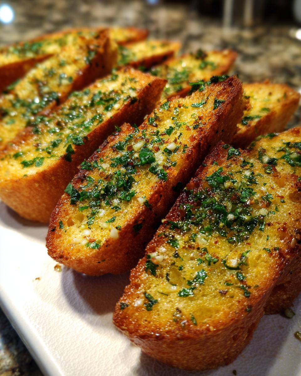 Rebanadas de pan de ajo en airfryer con perejil y ajo picado sobre plato blanco