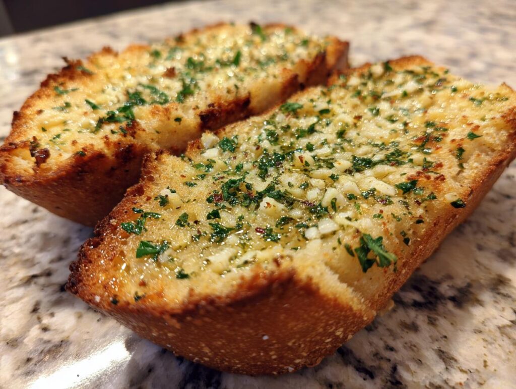 Dos rebanadas de pan de ajo en airfryer con ajo picado y perejil fresco