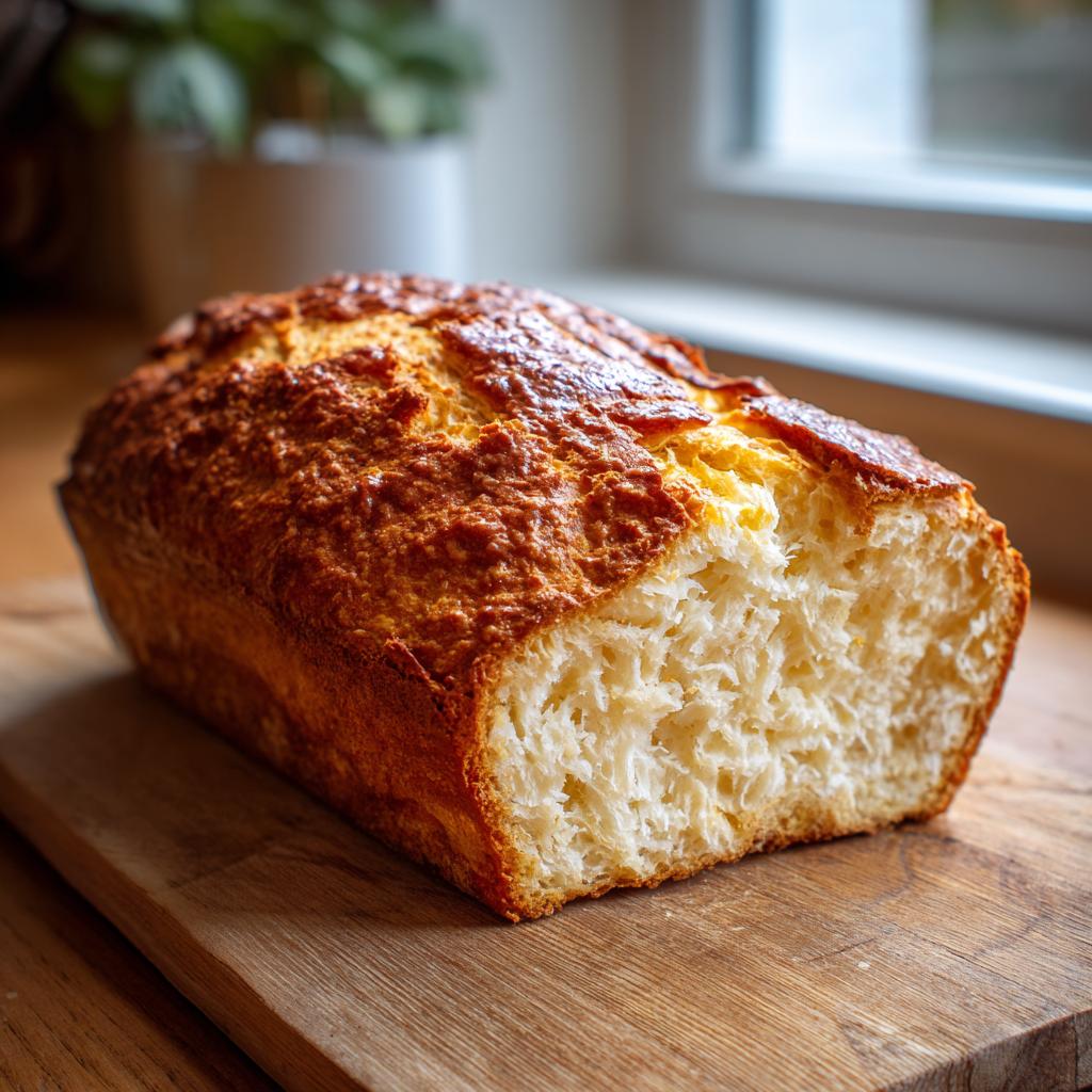 Pan sin gluten casero con corteza dorada y textura esponjosa sobre tabla de madera