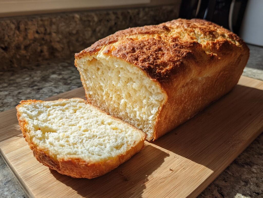 Pan sin gluten casero con una rebanada cortada sobre tabla de madera