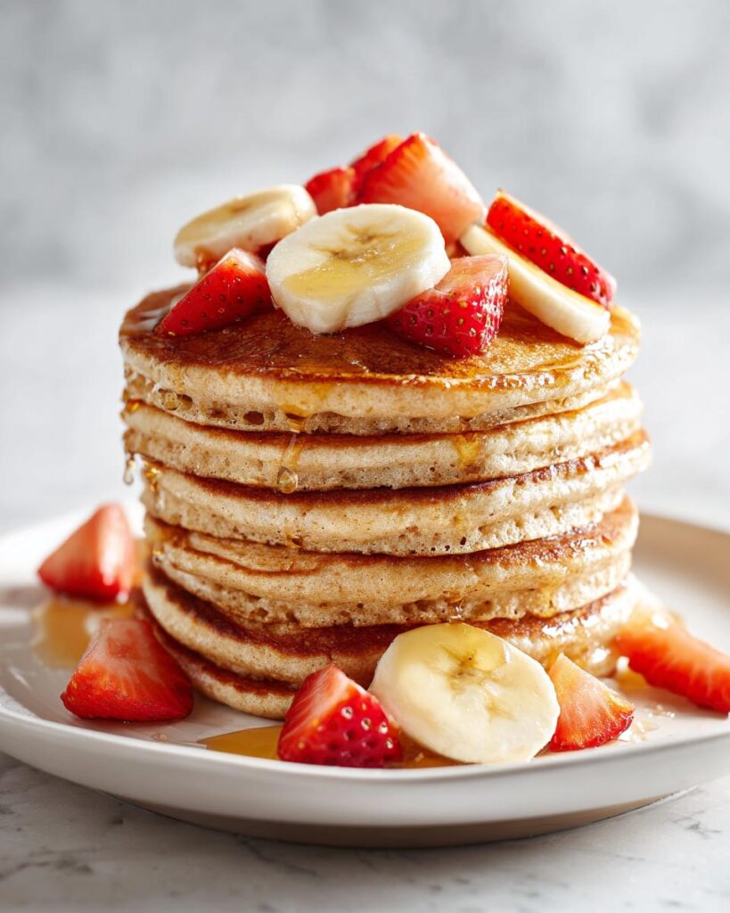 Pancakes con fresas, plátano y miel en un plato blanco, desayuno proteico virales