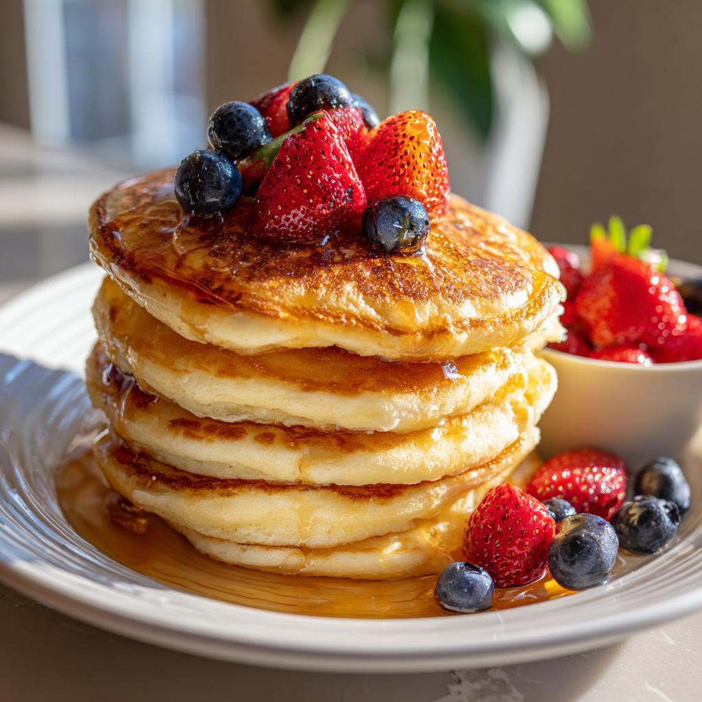 Pancakes apilados con fresas, arándanos y miel en un plato blanco.