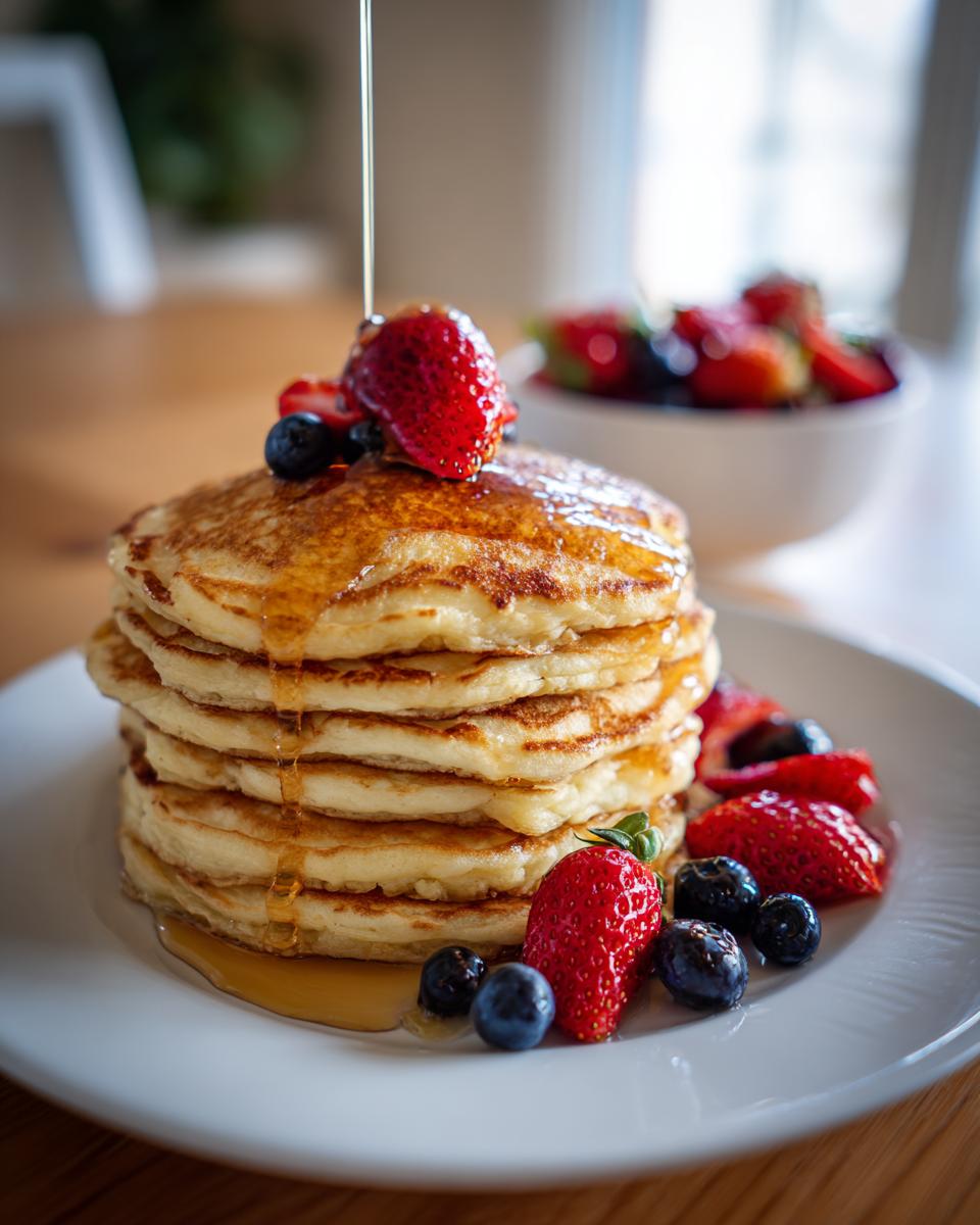 Pancakes apilados con fresas, arándanos y miel cayendo encima en un plato blanco