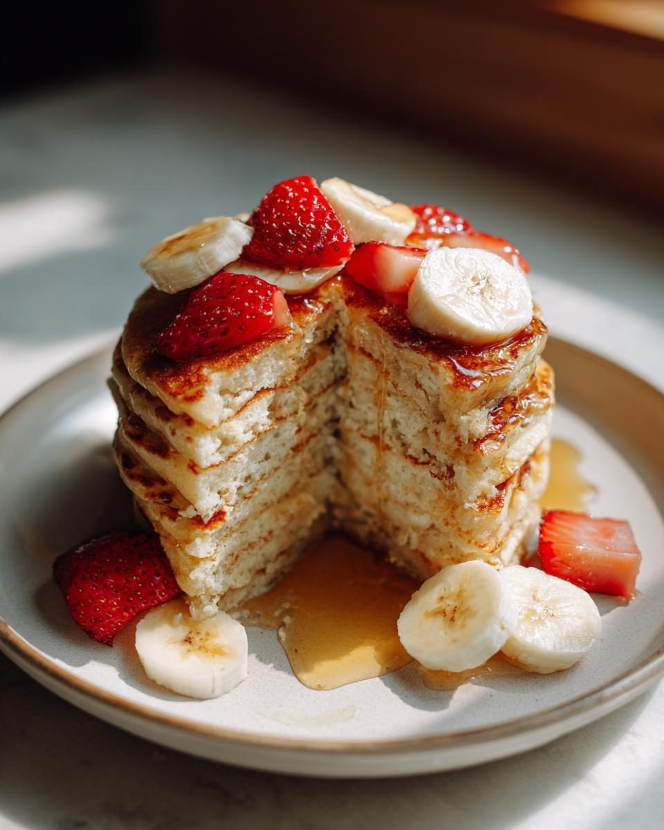 Pancakes apilados con rodajas de plátano, fresas y miel en un plato, desayuno proteico virales