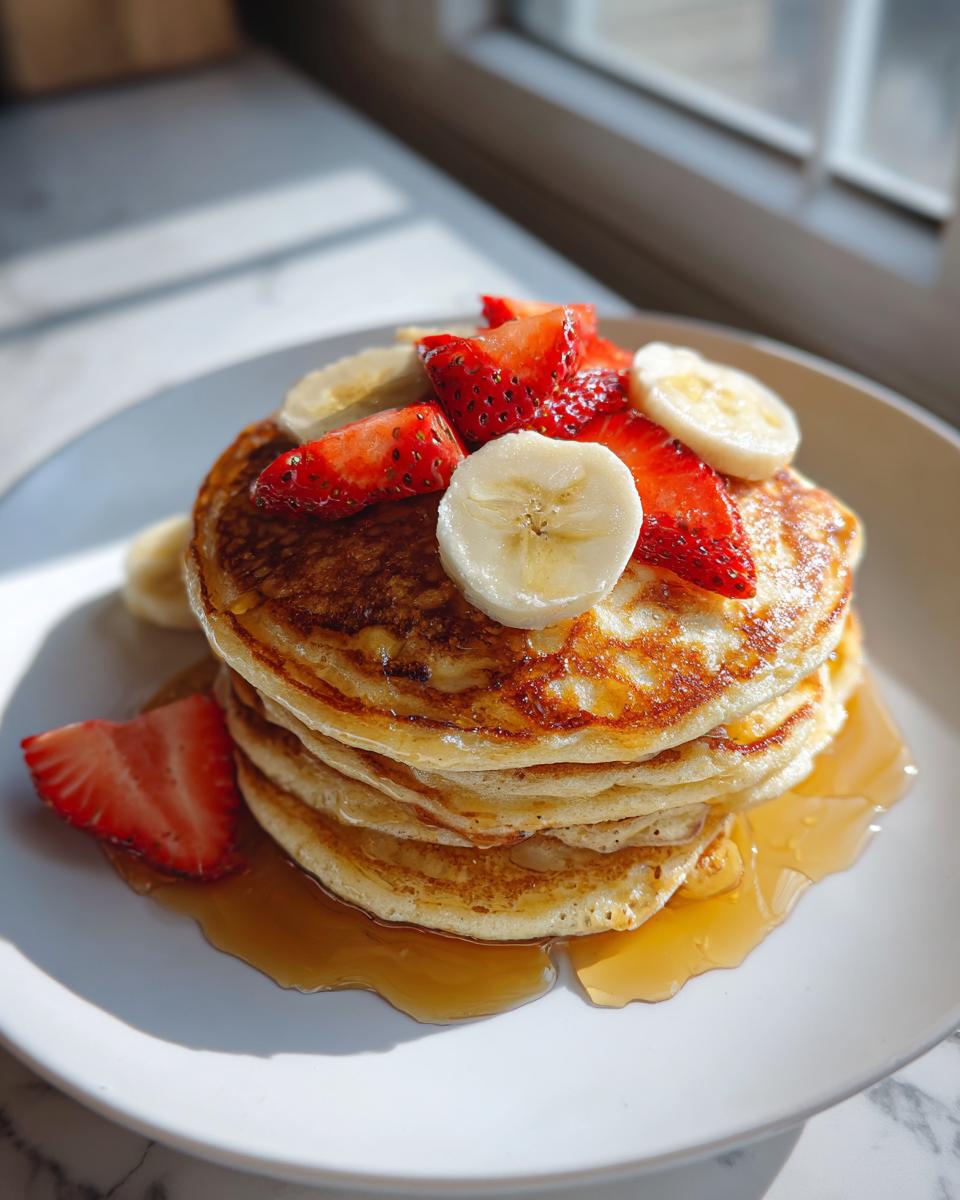 Pila de pancakes con rodajas de plátano y fresas, bañados en jarabe, receta de desayuno proteico virales