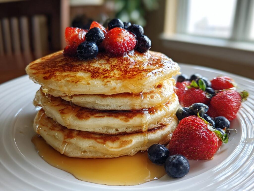 Torre de panqueques con jarabe y frutas frescas para ideas de brunch dominical primavera