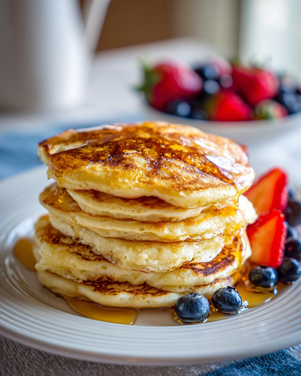Pila de panqueques dorados con miel, arándanos y fresas en plato blanco
