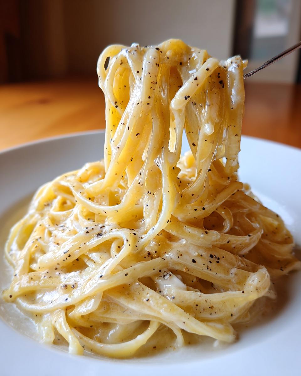 Pasta cremosa fácil con salsa blanca y pimienta negra en plato blanco, siendo levantada con tenedor