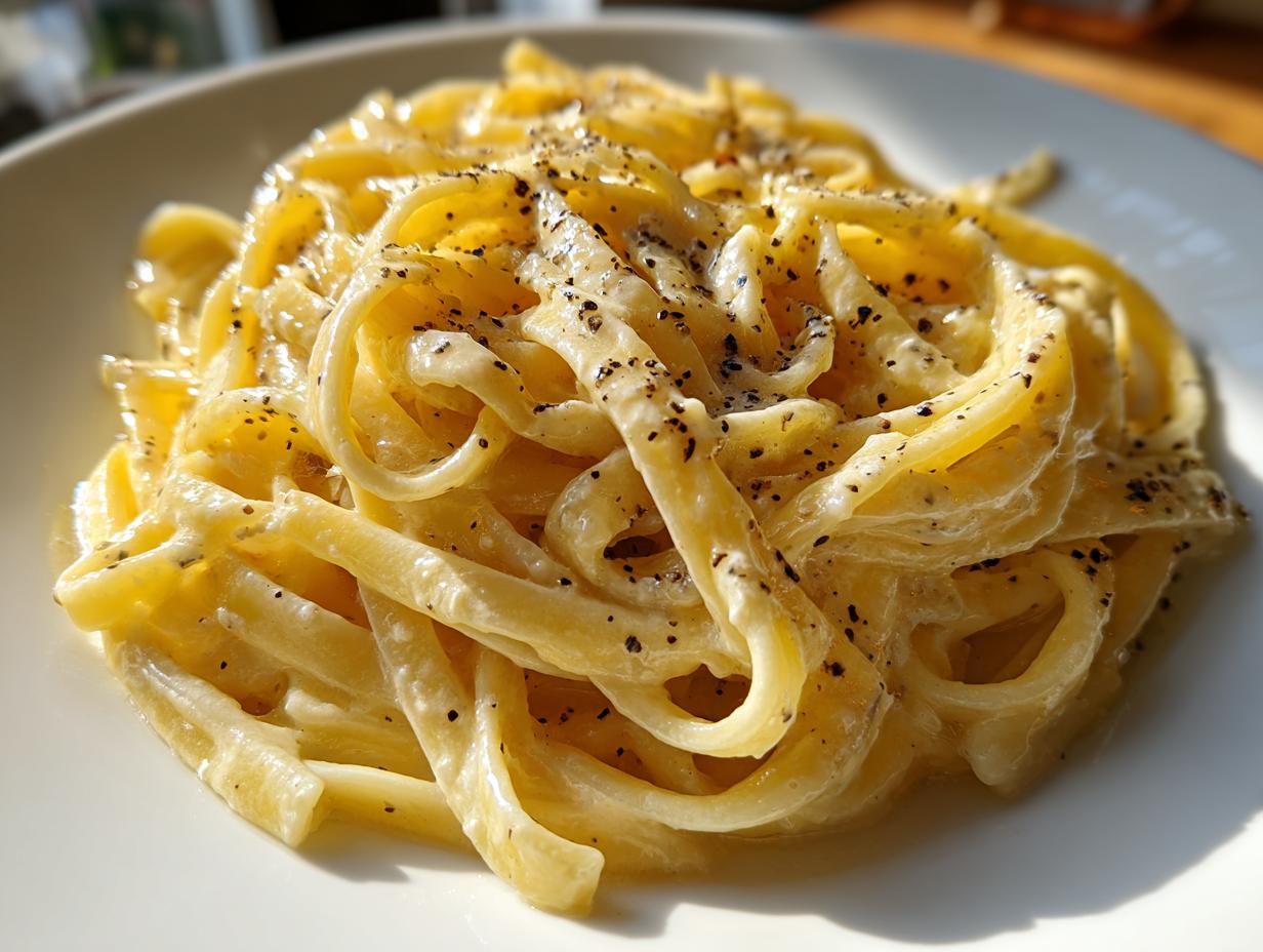 Plato de pasta cremosa fácil con salsa suave y pimienta negra molida encima.
