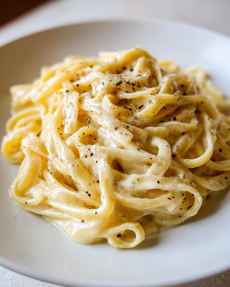Plato de pasta cremosa fácil con salsa blanca y pimienta negra molida