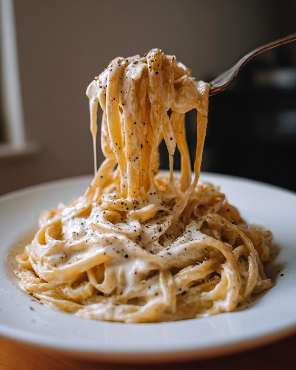 Pasta cremosa fácil servida en plato blanco con salsa blanca y pimienta negra