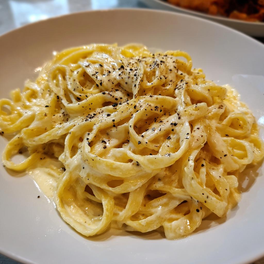 Plato de pasta cremosa fácil con salsa blanca y pimienta negra molida encima