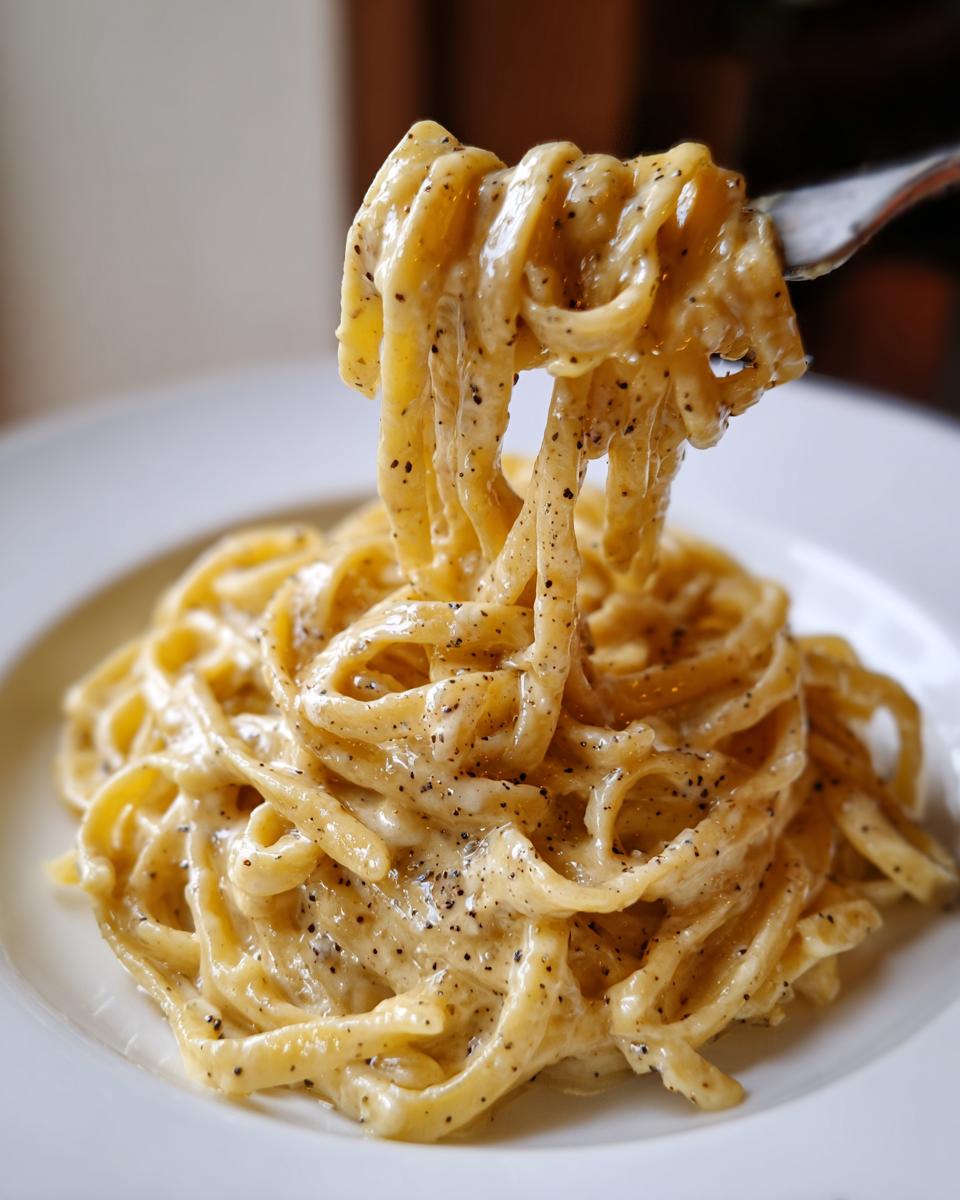Pasta cremosa fácil servida en plato blanco con salsa espesa y pimienta negra molida
