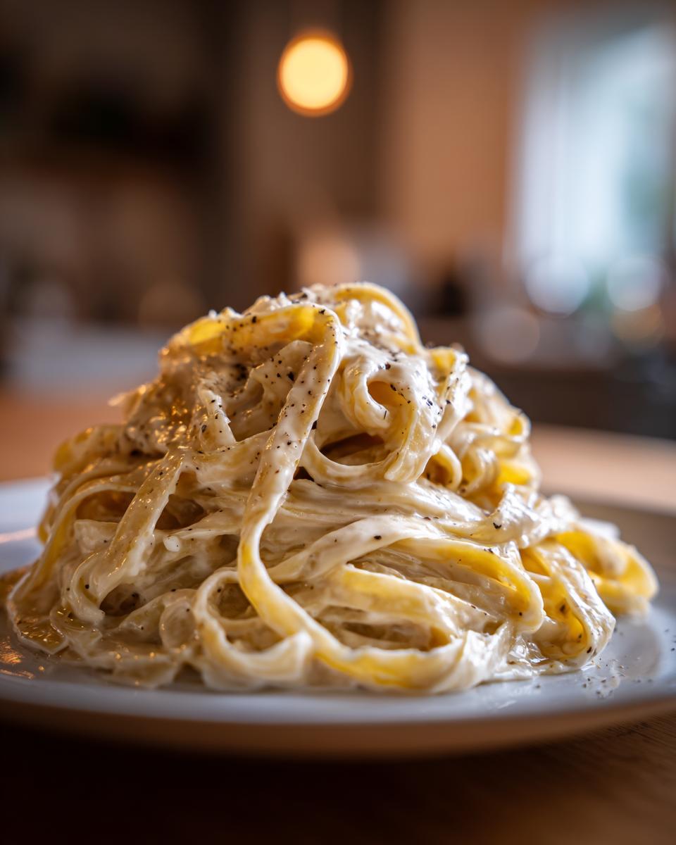 Plato de pasta cremosa con salsa blanca y pimienta negra molida encima